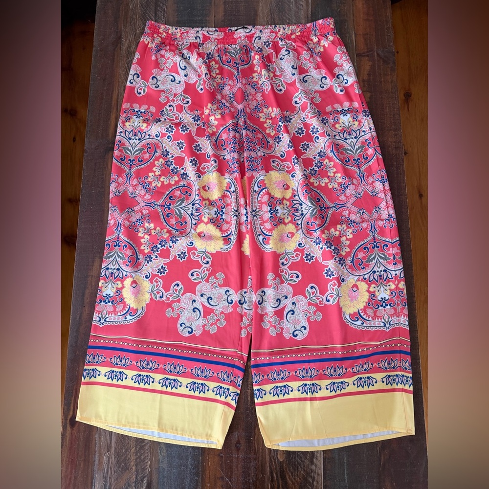 JM Collection Women's XL Pink Yellow Sierra Scarf Wide Leg Pants | SKU 0198